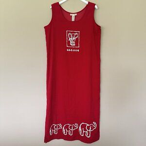 Red Elephant Maxi Dress Women 14 Vintage Sleeveless Long 90s Alabama Sweet Jessi